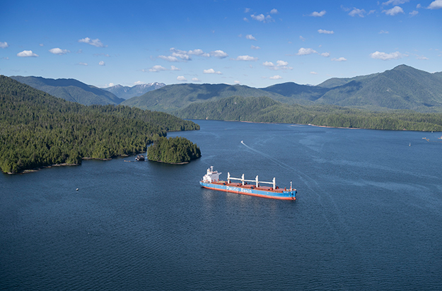 Tanker vessel sailing through a safe shipping lane in British Columbia on it's way to Prince Rupert Port