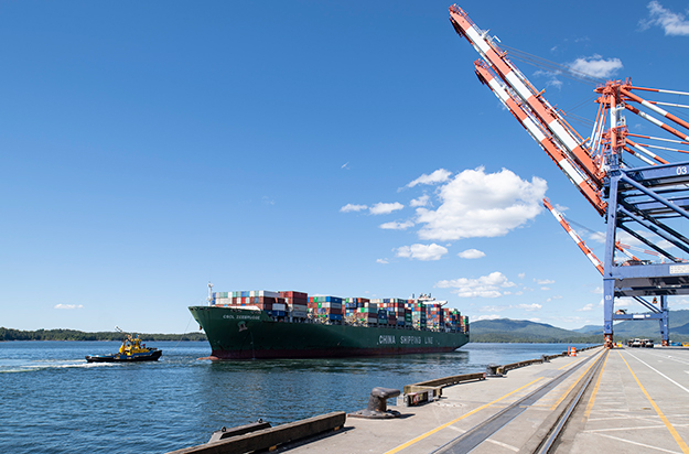 Taker vessel coming into dock in Port Rupert Port, B.C